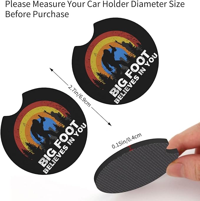 Bigfoot Believes in You Car Coasters for Cup Holders Pack of 2 Neoprene Cup Mat Pad Vehicle Interior Accessories for Men Women