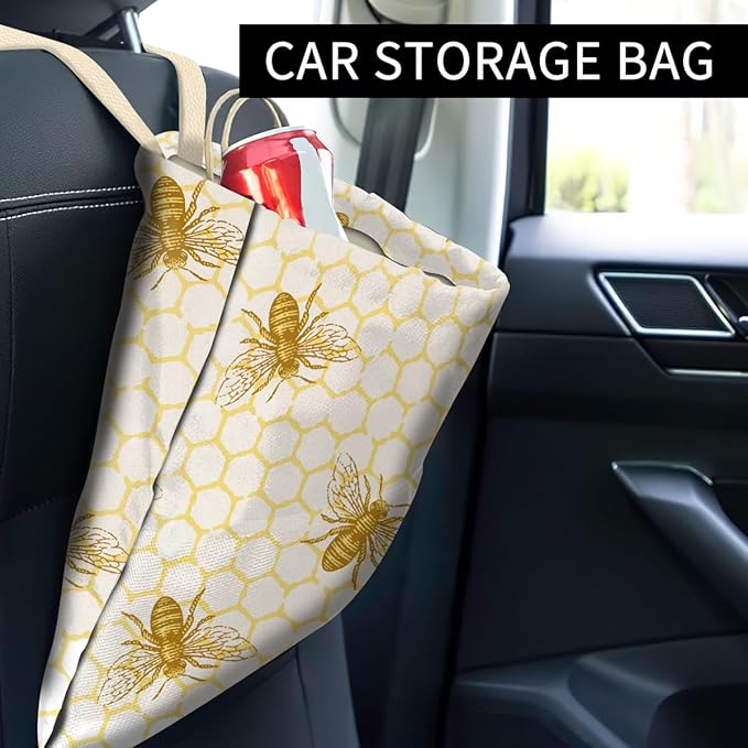 Car Trash Can, Cute Car Trash Bag, Hanging Car Organizer and Storage Bag, Trash Bin for Car Accessories, Vehicle, Travelling, Camping Cute Yellow Bees Honey