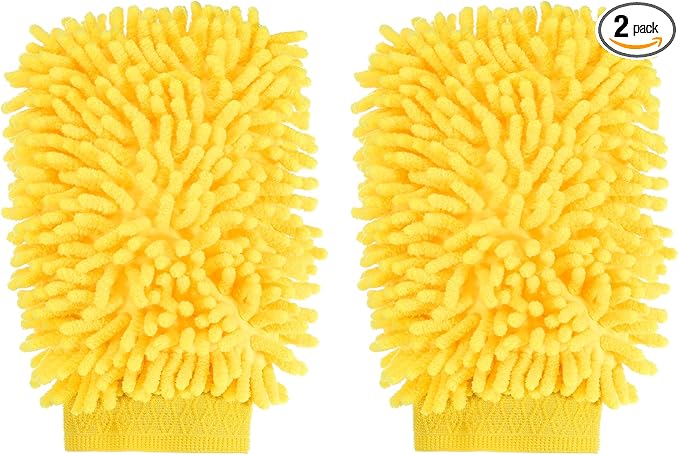 HARFINGTON 2pcs Premium Chenille Microfiber Car Wash Mitts 9.8" x 7.9" Scratch Free Wash Gloves Absorbent Double Sided Plush Cleaning Drying Mitts for Car Washing Home Yellow