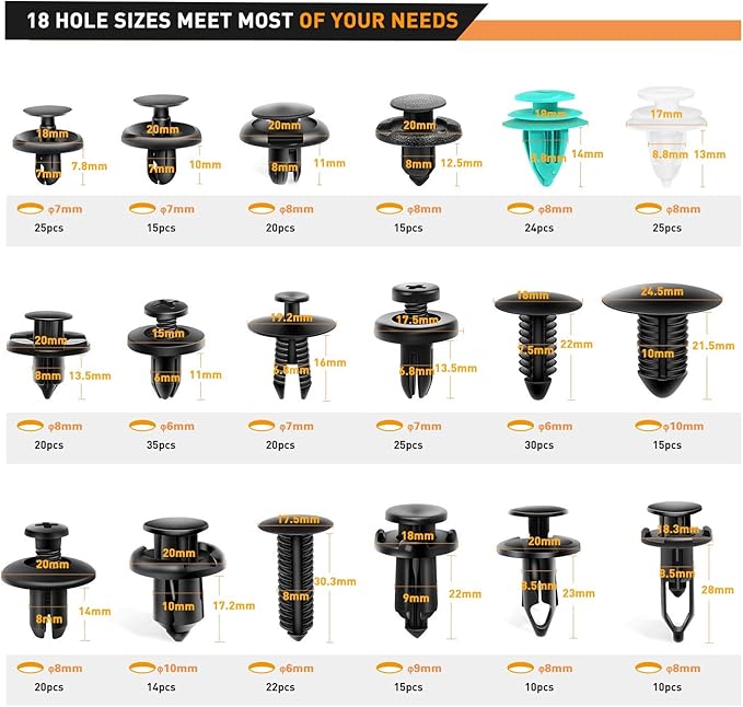 GOOACC - GRC-34 Push Bumper Fastener Rivet Clips with 18 Most Popular Sizes Auto Push Pin Rivets for Benz, BMW, Toyota, Honda, Subaru, Nissan, Mazda etc