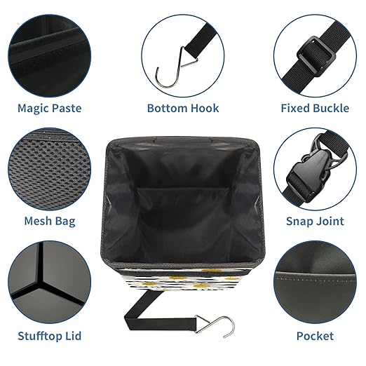 White Black Striped Daisy Car Trash Can with Lid Collapsible Reusable Waterproof Car Garage Bag,Automotive Garbage Can,Car Accessories Interior Car Organizer