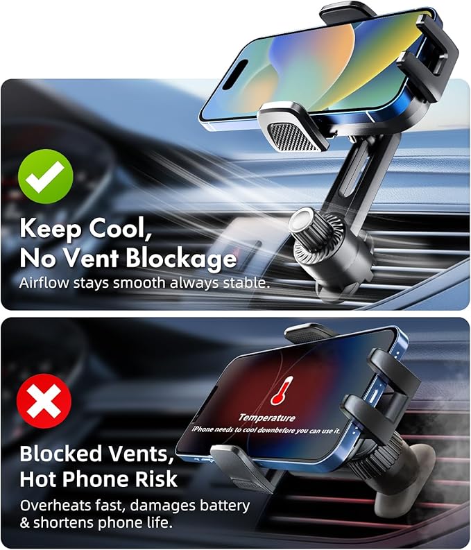 Car Phone Mount for Air Vent [Never Fall & 360° Adjustable] [Case Friendly | One-Hand Operation] Military-Grade Steel Hook Cell Phone Holder for Car Compatible with iPhone, Samsung, All 4–7” Phones