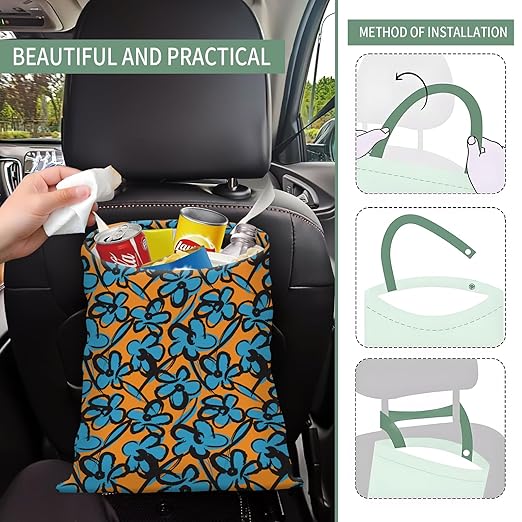 Cute Car Trash Can, Hanging Canvas Car Back Seat Organizer and Storage Bag, Funny Car Trash Bag For Travelling, Outdoor Abstract Blue Flowers