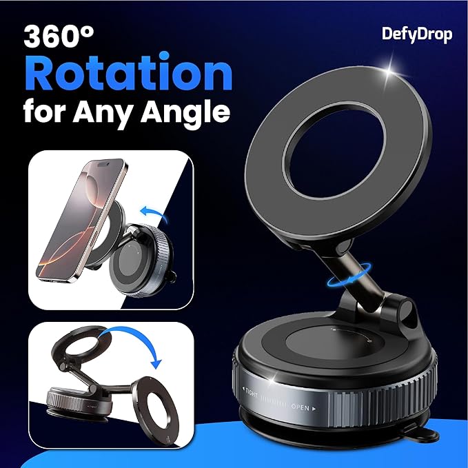 DefyDrop Vacuum Magnetic Car Phone Mount [Powerful Magnets & Secure Lock] 360° Adjustable Holder for Dashboard & Windshield Compatible with iPhone 16 15 14 Series, MagSafe Cases & Android Phones