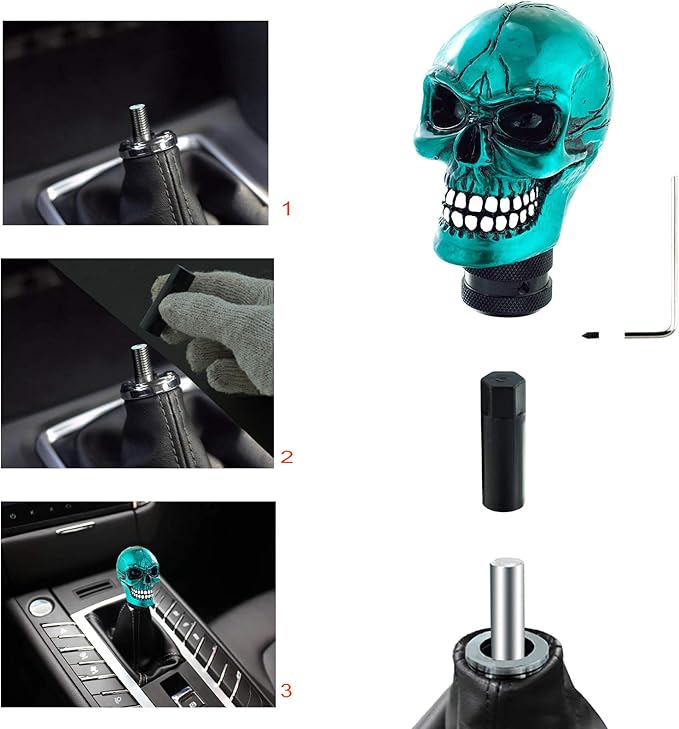 Lunsom Skull Gear Stick Shifter Knob, Resin Gear Shift Head Shifting Stick Handle Car Transmission Fit Automatic Manual Vehicle (Cyan)