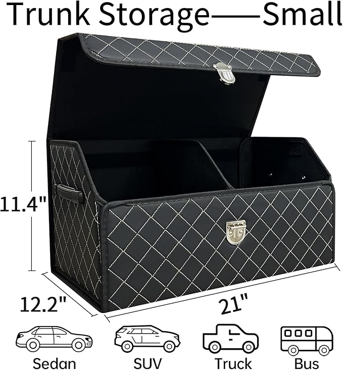 Trunk Organizer for Car With Lid,Foldable Trunk Organizer for SUVs & Sedans,Multi-Functional Leather Storage Box- Black Grid - Small