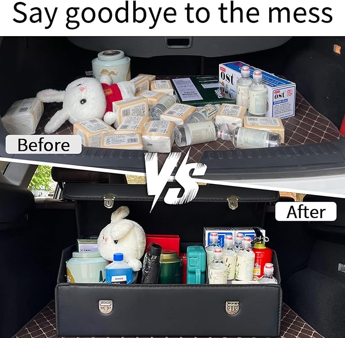 Trunk Organizer for Car With Lid,Foldable Trunk Organizer for SUVs & Sedans,Multi-Functional Leather Storage Box- Black - Large