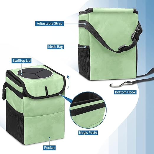 Sage Green Trash Can with Lid - Collapsible Reusable Waterproof Garage Bag, Automotive Garbage Can, Car Accessories Interior Organizer