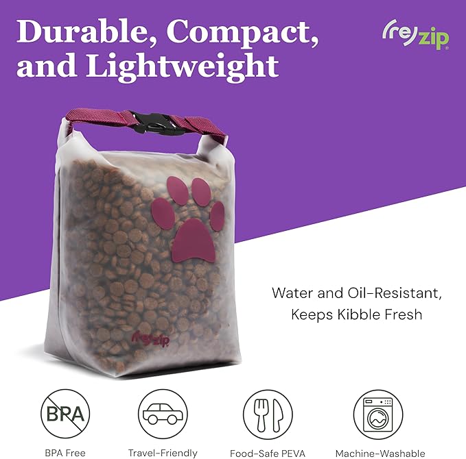 (re)zip Large Roll Top Pet Food Storage Bag 40-Cup, BPA-Free, Food-Grade, Pet-Safe, Freshness Seal for Camping, Travel & Daily Use, Machine Washable, Magenta