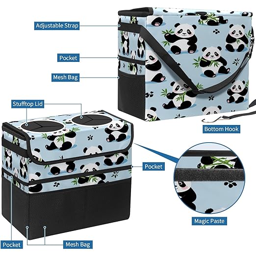 Car Trash Can with Lid, Portable Hanging Automotive Garbage Bin for Vehicles, Leakproof Waste Bag Container for SUV Truck Van Interior Auto Travel Road Trips(Panda)