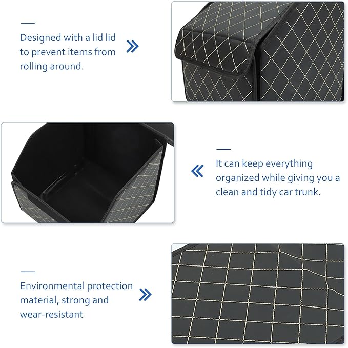 Car Trunk Leather Organizer Small Foldable Vehicle Trunk Storage Box with Grid Pattern Thread for SUV and Sedan Cargo Management