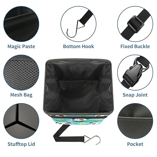 Car Trash Can with Lid, Small Portable Hanging Automotive Garbage Bin for Vehicles, Leakproof Waste Bag Container for SUV Truck Van Interior Auto Travel Road Trips(Panda and Bamboo Leaves)