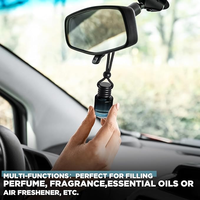 Domensi 70 Pieces Hanging Car Diffuser Air Freshener Bottle Bulk Empty Glass Refillable Perfume Bottles Oil Diffuser Aromatherapy Pendant for Auto Interior Ornaments Decor (Black)