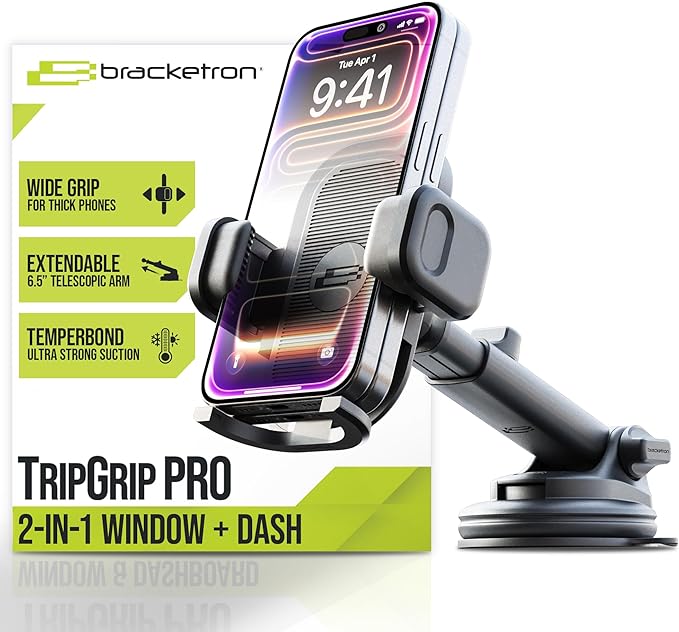 Bracketron TripGrip PRO Car Phone Holder Mount– Universal Phone Holders for Your Car with Telescopic Arm (3.5″–6.5″) for Windshield & Dashboard – Compatible with Most Smartphones