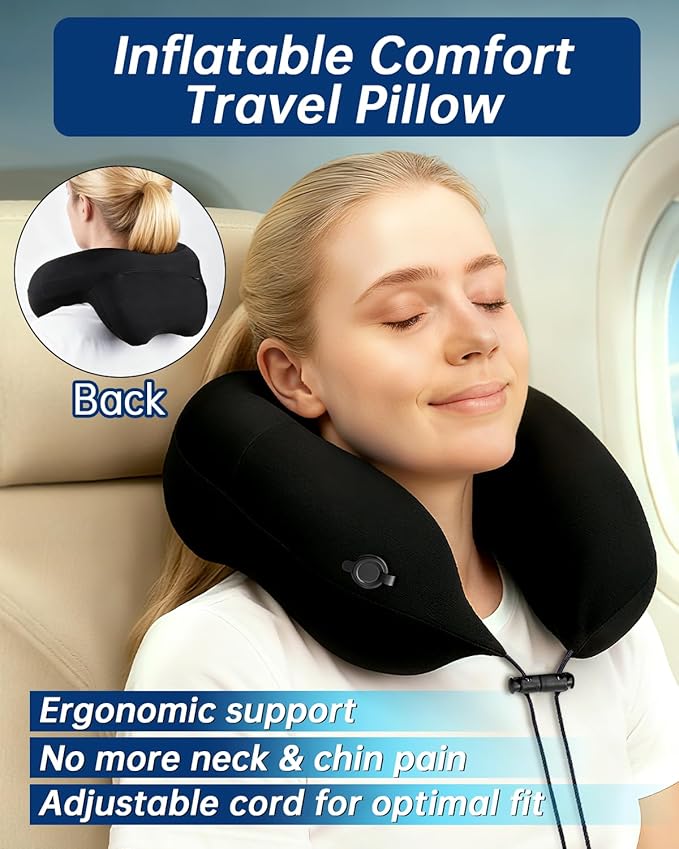Neck Pillow for Traveling, 2-in-1 Air-Pump & Storage Bag, Inflatable Compact 360°Head Support Airplane Pillow for Travel,Train, Car - Black