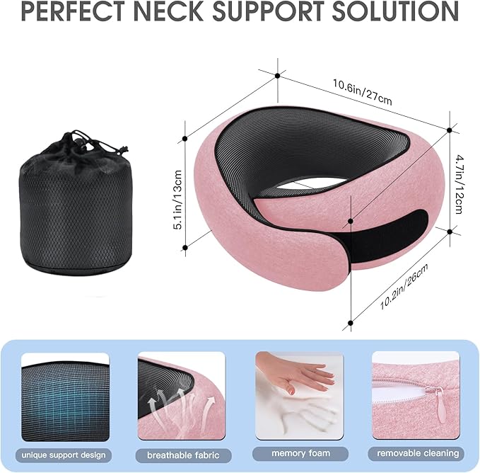 Neck Travel Pillows for Airplanes Memory Foam Neck Comfort Pillow Compact Ergonomic Design Sleeping Essentials for Long Flights Car Rides and Home Use (Pink)