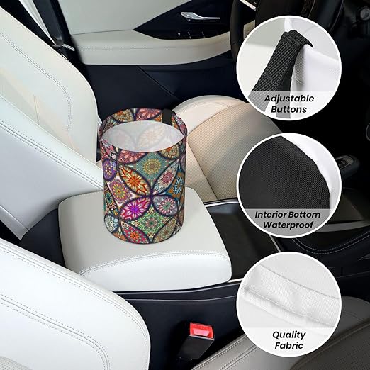Car Trash Bag Vintage Mandala Floral Waterproof Trash Small Car Can Portable Collapsible Car Garbage Can Hanging for Back Seat Floor or Hanging Headrest Car Decor Road Trip Essentials