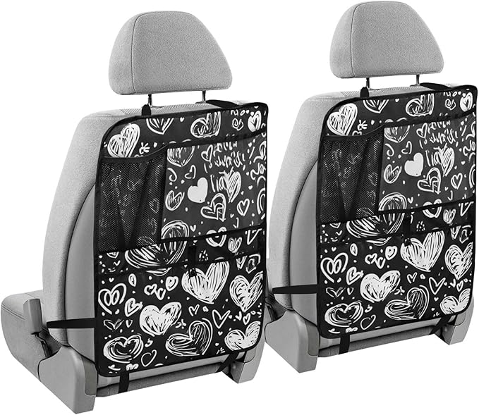 White Dodle Hearts 1 Pack Backseat Car Organizer with Storage Pockets Seat Back Organizers for Kids Kick Mats Backseat Protector Automotive
