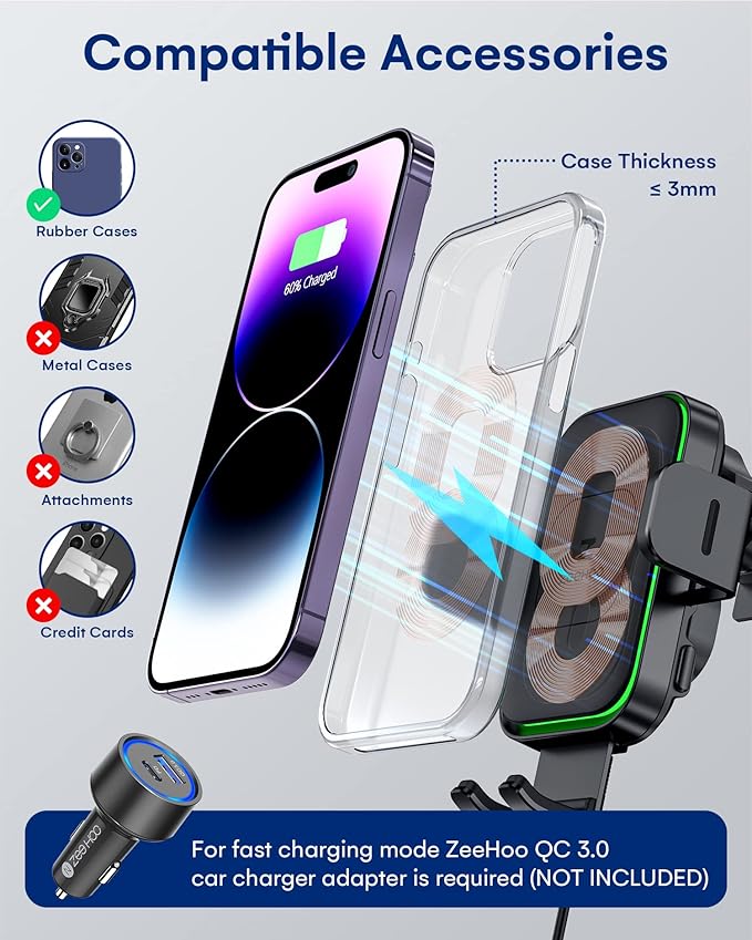 ZEEHOO Wireless Car Charger, DUOXX Dual Coils 15W Fast Charging Auto-Clamping Car Mount, Dashboard, Vent Charging Phone Holder for iPhone 17 16 15 14 13 12, S23 Ultra, Z Flip4 3, etc