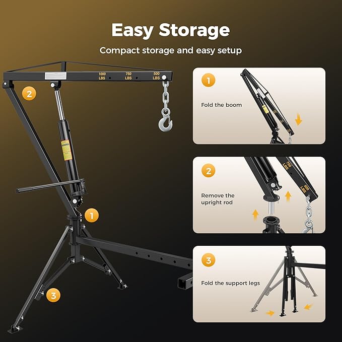 1000lbs Receiver Hitch Mounted Hydraulic 360° Swivel Truck Crane with 3 Boom Capacity Options: 500lbs, 750lbs, 1000lbs. Ideal for Workshops, Construction, Agriculture, and Logging, Black