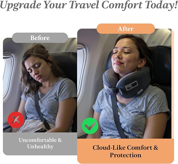 Memory Foam U Shaped Travel Neck Pillow with Compact Carry Case - Ideal for Airplanes, Car Trips & Long Flights, Travel Essentials