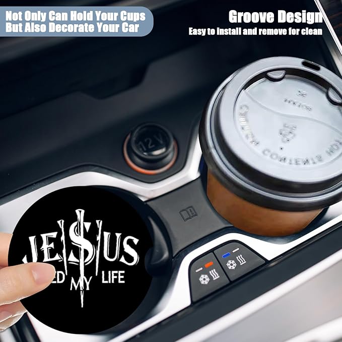 Christian Religion Cup Holders Car Coasters - Jesus Saved My Life Absorbent Ceramic Coaster, Drink Cup Holder Coasters, Auto Accessories for Women & Men, Pack of 2