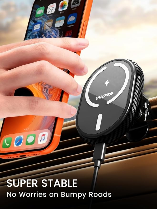 OHLPRO for iPhone 17 Magsafe Car Mount Charger, 15W Fast Charging Magnetic Holder with 3M Adhesive Base for Dashboard, Mag Car Holder for Vent Clip Compatible with iPhone 16/15/14/13 Pro Max, Black