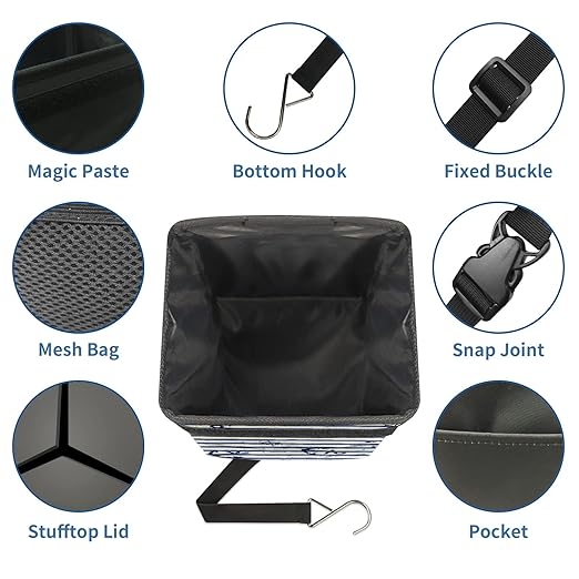 Car Trash Can Nautical Anchor Navy Blue Stripes Auto Garbage Bag Car Trash Can with Lid Leak-Proof Car Storage Bag Garbage Can Hanging for Headrest Collapsible and Portable with Storage Mesh Pocket