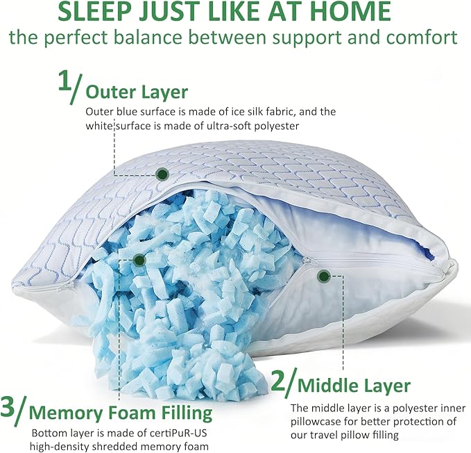 Gehannah Travel Pillow - Large 1 Pack Compressible Camping Pillow for Sleeping - Shredded Memory Foam with 1 Storage Bags - Supportive for Adults, Kids, Outdoor, Backpacking, Hiking Gear