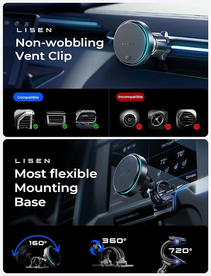 LISEN for Qi2.2 25W MagSafe Car Mount Charger，[Top Spec with Cooling Fan＆95W Fast Adapter] 25W iPhone 17 Pro Max Car Charger Fast Charging for iPhone 17 Pro Max Plus Air 16-12 Series,Pixel 10 Pro XL