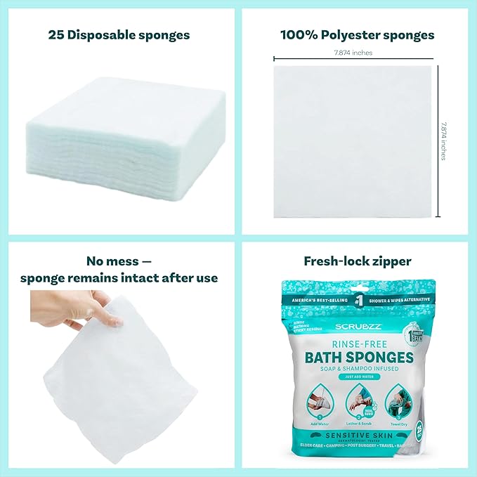 Scrubzz Disposable No Rinse Bathing Wipes for Sensitive Skin - All-in-1 Single Use Shower Wipes, Simply Dampen, Lather, and Dry Without Shampoo or Rinsing (Sensitive Skin, 2-Pack)