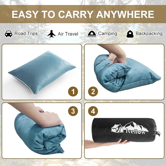 Ivellow Memory Foam Travel Pillow Compressible Camping Pillow for Sleeping Shredded Memory Foam Pillow Compact Firm Supportive Travel Pillow for Adults Kids Outdoor Hiking Essential Gear Blue-S