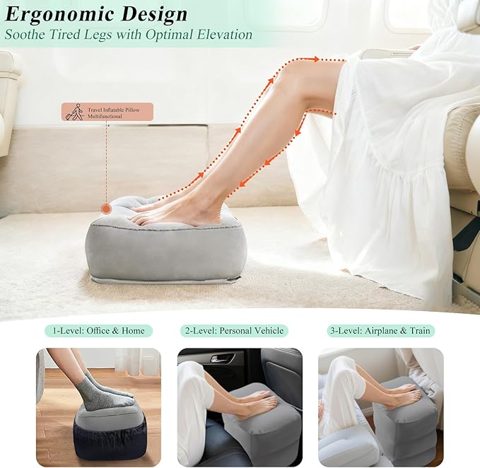 Inflatable Foot Rest Airplane Pillow - Adjustable 3 Layers Height Leg Rest Pillow,Kids Airplane Bed,Foot Rest Under Desk,Leak-Resistant Flight Cushion,Travel Essentials for Office,Home,Trains,Cars