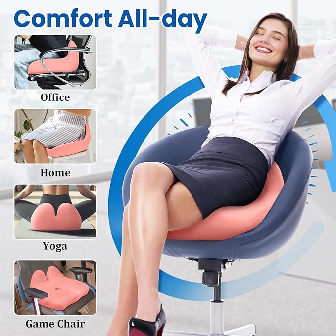 Seat Cushion, Memory Foam Office Chair Seat Cushion for Office Chairs/Car/Long Trip/Desk Chair/Gaming, X-Large Size for Sciatica & Hip & Tailbone Pain Relief, Sciatica Support (Pink)