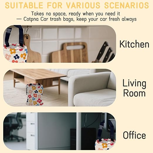 Colorful Groovy Flowers Car Trash Bag, Strap Drawstring Car Garbage Bags,Car Back Seat Organizer with Adjustable Buckle for Car Accessories