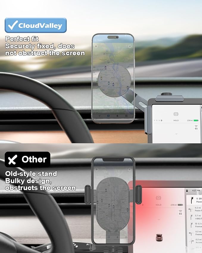 CloudValley Upgrade Phone Mount Car Holder for Tesla Model 3/ Y/Cybertruck, 【Extendable Metal Holder】 Magnetic Model Y Juniper Stand, Compatible with iPhone MagSafe 17/16/15/14/13/12,Gray