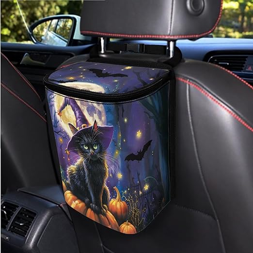 1.2 Gallons Car Trash Can with Lid, Witch Cat Halloween Vehicle Trash Can for Truck, Adjustable Hanging for Tail of Console of Seats, with Zipper Leak-Proof Lid Design, Washable Easy to Clean