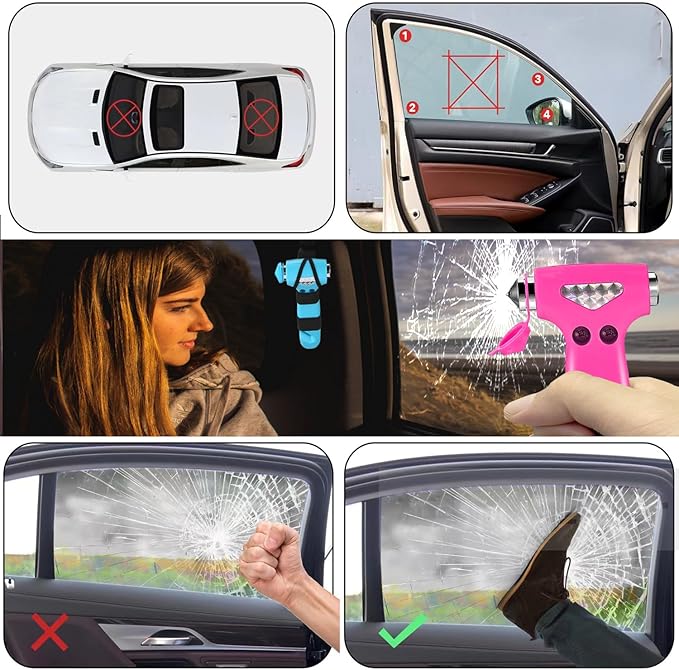 2 Pack Car Safety Hammer, 3-in-1 Emergency Escape Tool Window Breaker and Seat Belt Cutter with Light Reflective Tape for Family Safety Emergency Car Escape Tool（Pink Blue）