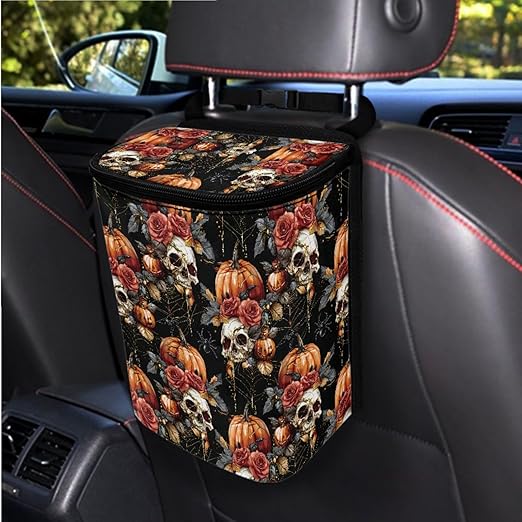1.2 Gallons Car Trash Can, Halloween Skull Pumpkin Car Garbage Can for Back Seat, Leak-Proof Zipper Seal, Durable Polyester Material Washable, Ideal for Car Interior - Auto Garbage Solution