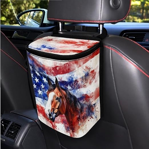 1.2 Gallons Car Trash Bag Hanging, American Flag Car Garbage Bags, Adjustable Hanging for Tail of Console/Back of Seats, Odor-Free with Zipper Leak-Proof Lid Design, Mini Size for Convenience