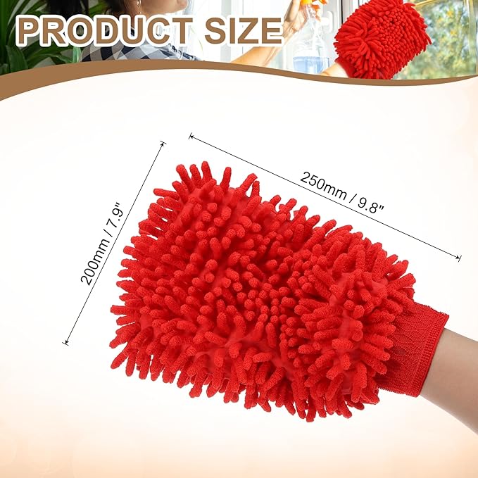 HARFINGTON 2pcs Premium Chenille Microfiber Car Wash Mitts 9.8" x 7.9" Scratch Free Wash Gloves Absorbent Double Sided Plush Cleaning Drying Mitts for Car Washing Home Red