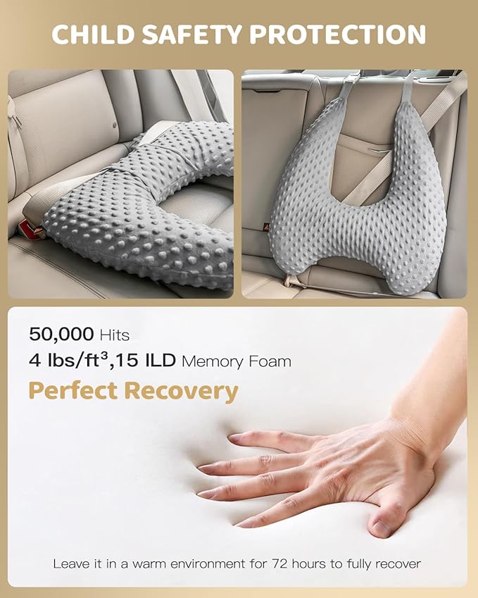 Memory Foam Kids Travel Pillow, Car Pillow for Kids, H-Shape Car Pillows for Sleeping, Removable Pillowcase, Adjustable, Velvet Dots, Grey