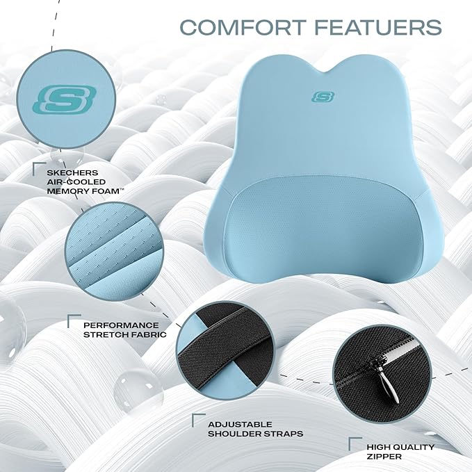 Skechers Air-Cooled & Memory Foam Lumbar Pillow,Lumbar Support Pillow for Office,Chair Lower Back Pain Relief Lumbar Pillow,Ergonomic Design Back Support Pillow for Office Chair,Car,Home,Travel,Blue