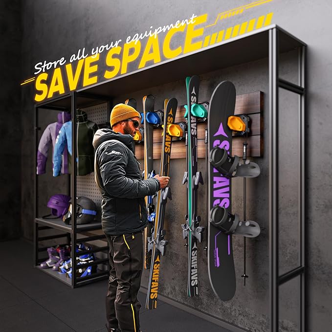 Ski & Snowboard Wall Rack for Garage Wall Fits Any Ski/board, Ski Wall Mount Holders Damage-Free Storage Rack, Garage Organization Space-Saving Winter Gear Organizer, Yellow, 4 Pack