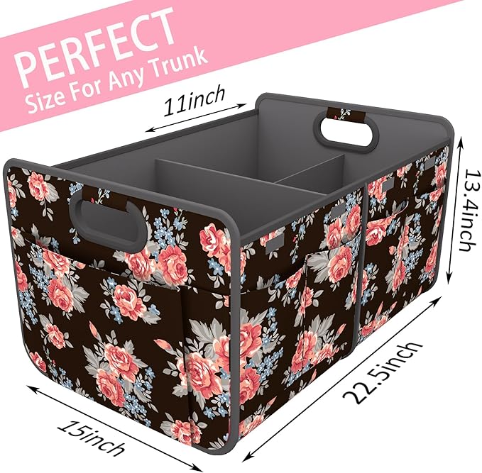 Homeve Trunk Organizer, Car Storage, Reinforced Handles, Collapsible Multi-Compartment Car Organizers, Foldable, Waterproof, 600D Oxford Polyester (Peony, 2 Compart)