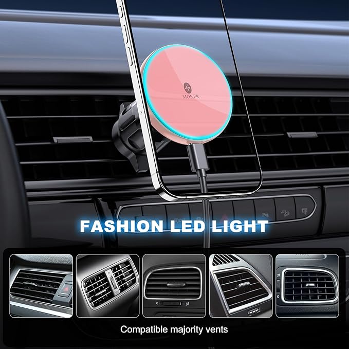 MOKPR for Mag-Safe Car Mount Charger, Magnetic Phone Holder for Your Car Charger Dash Windshield Vent Magnetic Wireless Car Charger Mount for iPhone 17 16 15 14 13 12 Pink