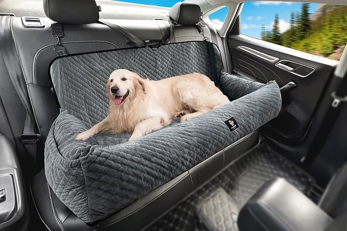 Dog Car Seat for Medium/Large Dogs Under 100 Lbs,Multi-Functional Dog Car Bed Washable Pet Travel Safety with Thick Cushion, Soft Safe Removable,for All Cars Back Seat（Grey）