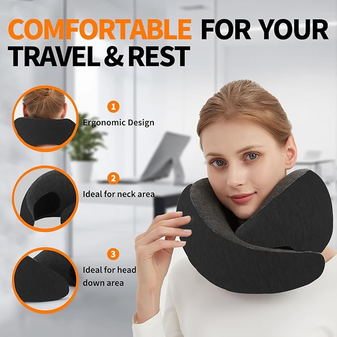 Travel Neck Pillow for Airplane – Memory Foam 360° Support Compact Design Ergonomic Flight Pillow for Sleeping & Neck Support Portable Travel Pillows for Adults, Car, Office Home (Black)