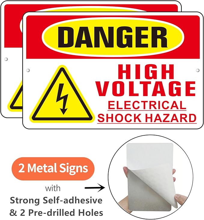 Danger High Voltage Sign, (2 Pack) Self Adhesive Aluminum Metal Electrial Shock Hazard Signs for Indoor Outdoor Use, Rust Free and Reflective Sticker (9 x 6 inches, Red/Yellow)