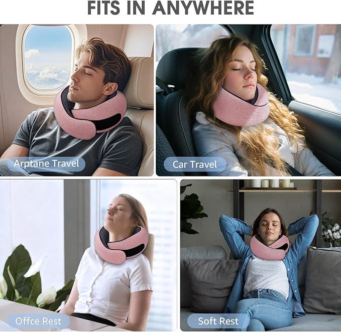 Neck Travel Pillows for Airplanes Memory Foam Neck Comfort Pillow Compact Ergonomic Design Sleeping Essentials for Long Flights Car Rides and Home Use (Pink)